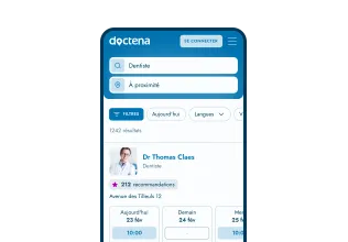 Portail patient Doctena sur un téléphone montrant le profil d'un praticien avec ses créneaux disponibles